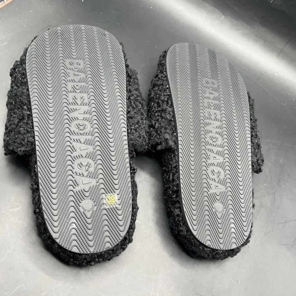 Balenciaga Men’s Black Fur Slide Sandals Logo Embroidered Slip-On EUR SZ 39 New